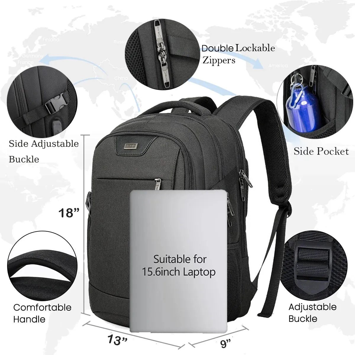18" Travel Backpack, Business anti Theft Slim Durable Laptop Backpack with USB Charging Port, Water Resistant Bookbag, Backpack for Men & Women Fits 16.5 Inch Notebook, Dark Gray