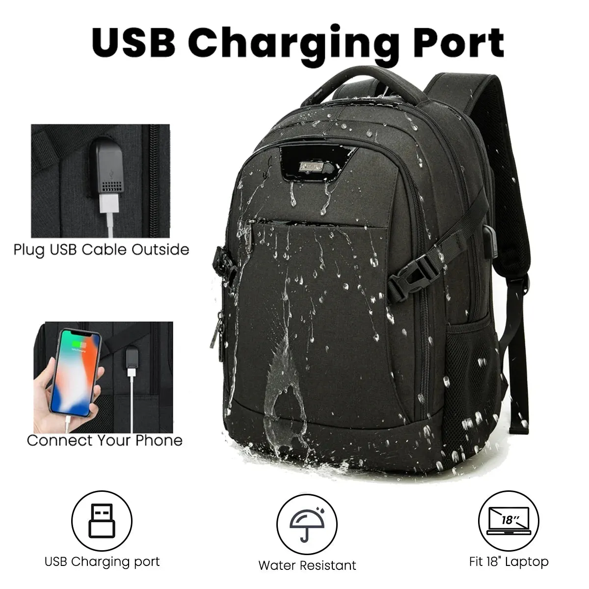 18" Travel Backpack, Business anti Theft Slim Durable Laptop Backpack with USB Charging Port, Water Resistant Bookbag, Backpack for Men & Women Fits 16.5 Inch Notebook, Dark Gray
