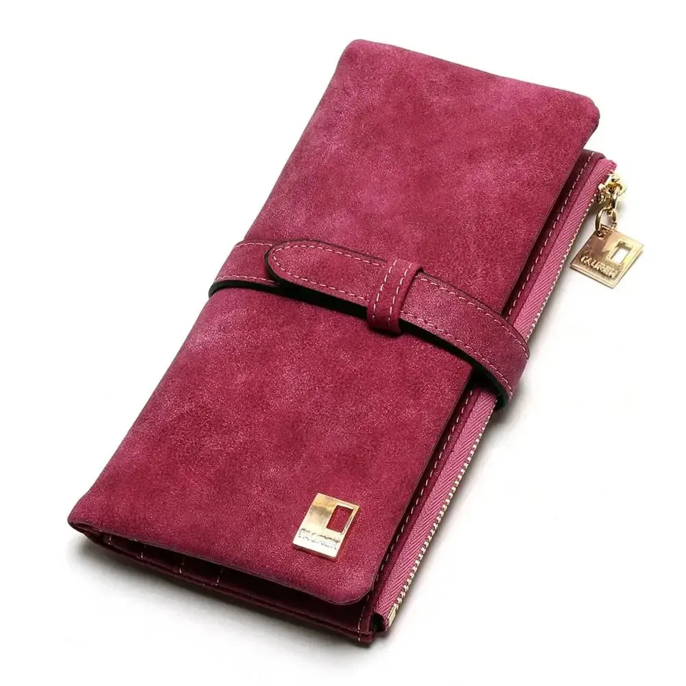 2023 New Fashion Women Wallets Drawstring Nubuck Leather Zipper  Long Design Purse Two Fold More Color Clutch Hot Card Pack