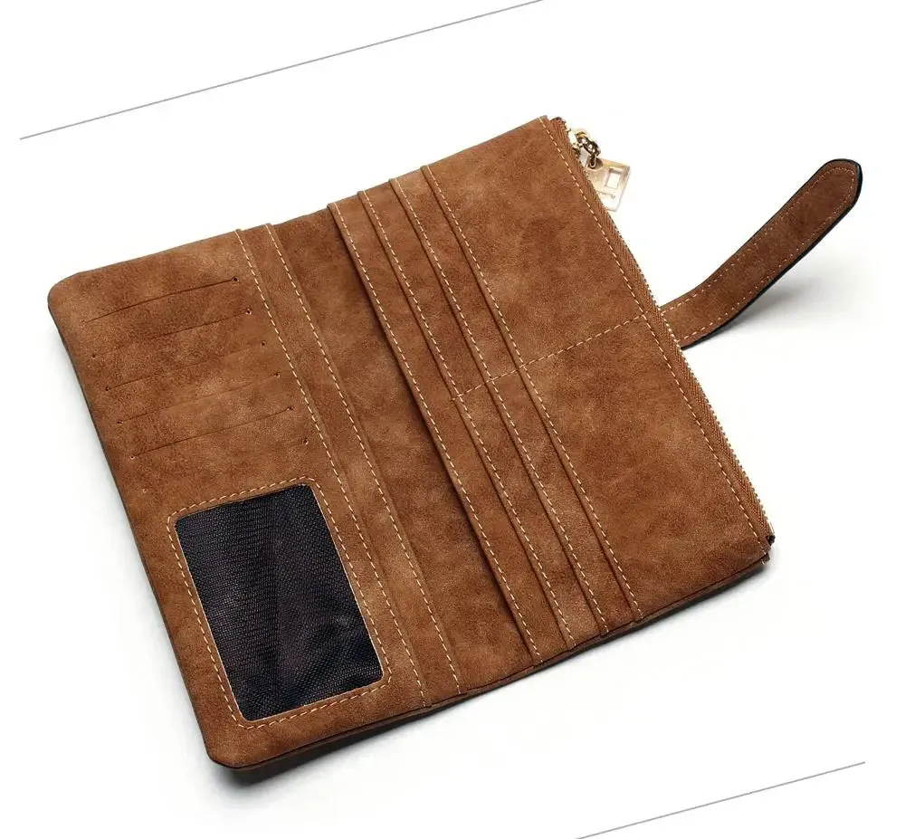 2023 New Fashion Women Wallets Drawstring Nubuck Leather Zipper  Long Design Purse Two Fold More Color Clutch Hot Card Pack