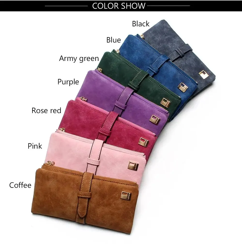 2023 New Fashion Women Wallets Drawstring Nubuck Leather Zipper  Long Design Purse Two Fold More Color Clutch Hot Card Pack