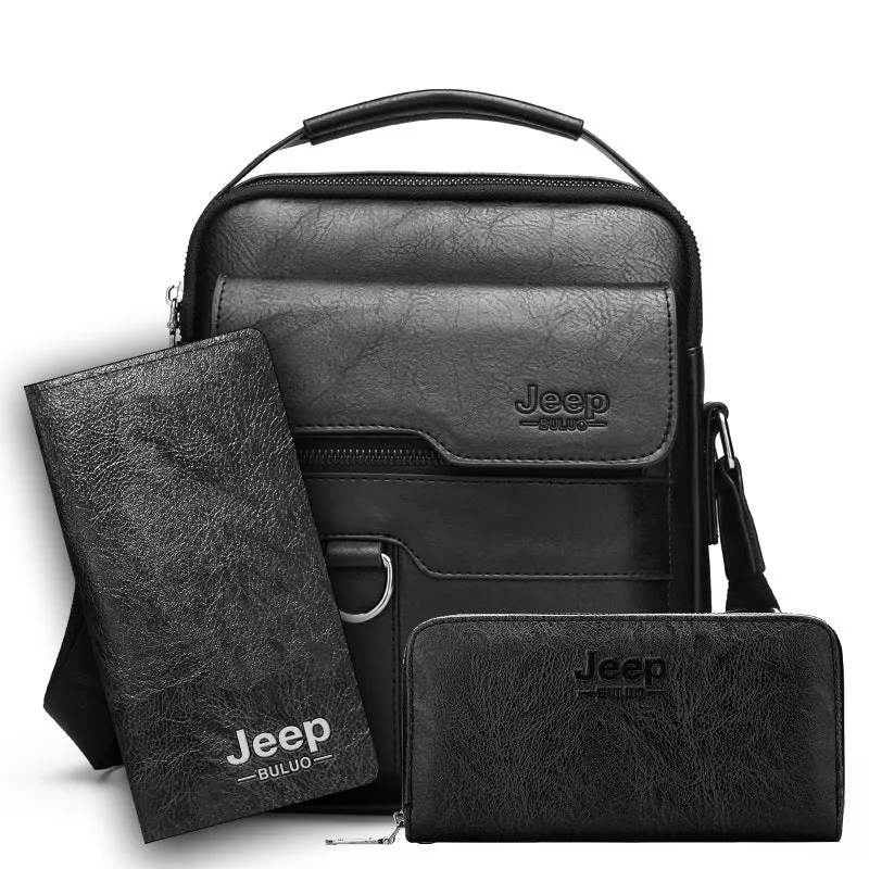 2Pcs Set Jeep Vintage Men's Leather Crossbody Long Wallet Handbag Set