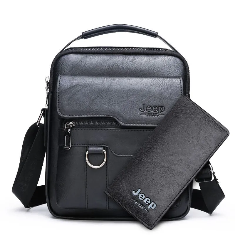 2Pcs Set Jeep Vintage Men's Leather Crossbody Long Wallet Handbag Set