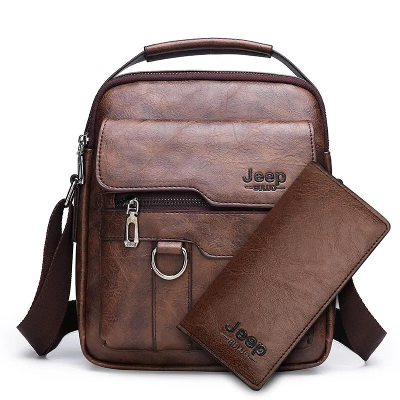 2Pcs Set Jeep Vintage Men's Leather Crossbody Long Wallet Handbag Set