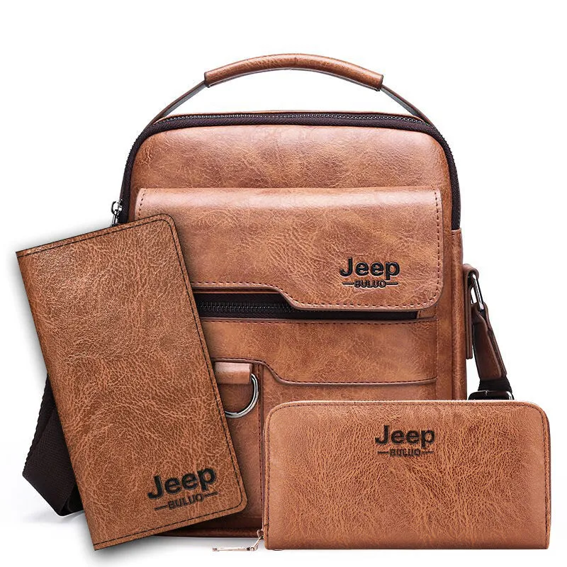 2Pcs Set Jeep Vintage Men's Leather Crossbody Long Wallet Handbag Set