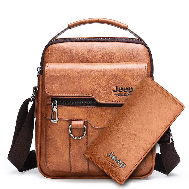 2Pcs Set Jeep Vintage Men's Leather Crossbody Long Wallet Handbag Set