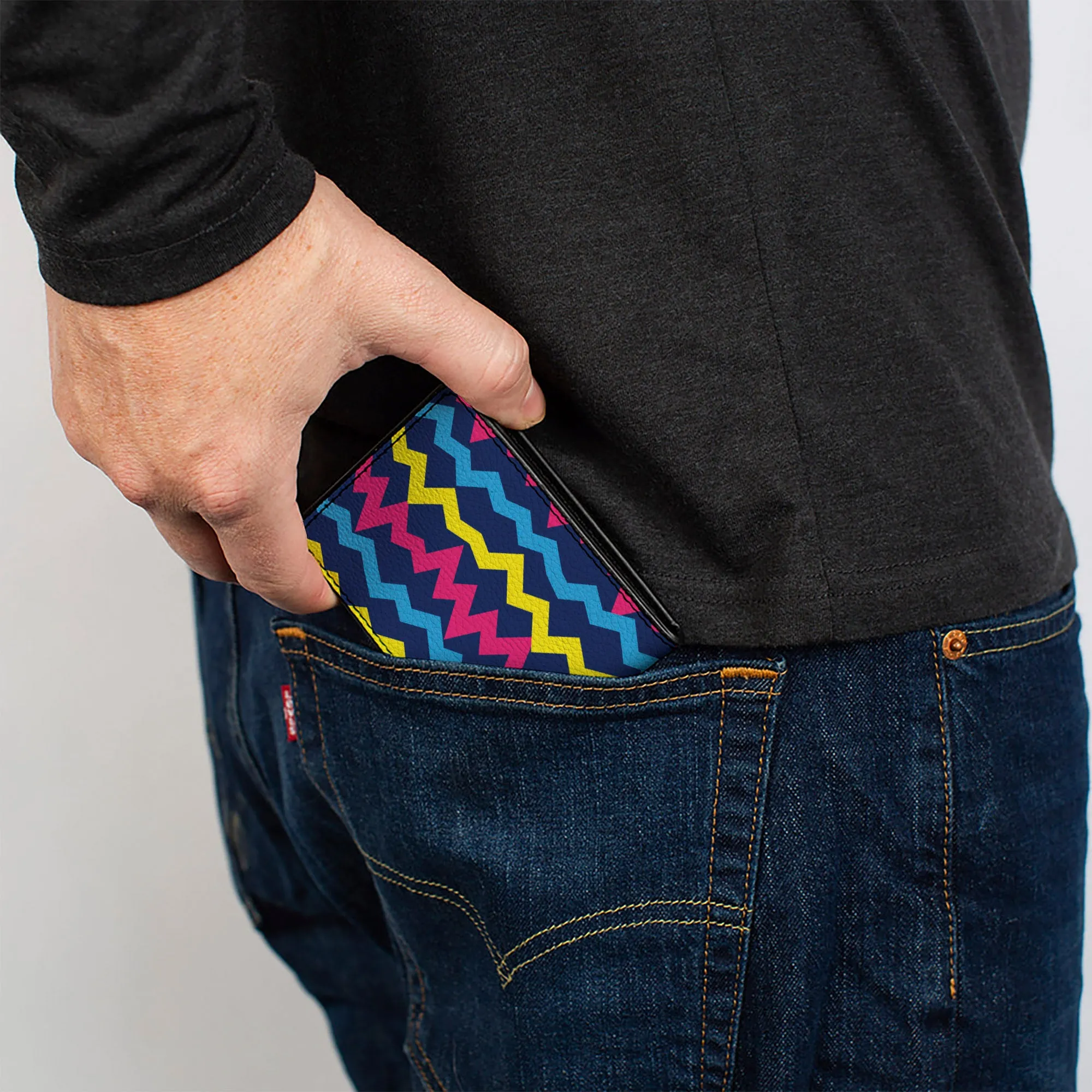 Bi-Fold Wallet - Scribble Zig Zag Stripe Navy/Multi Color