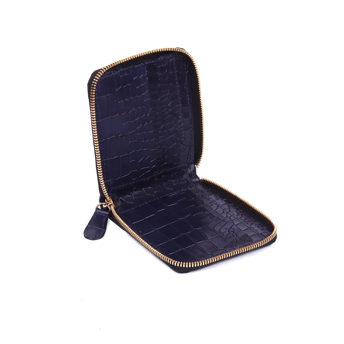 Bi-Fold Zipper Wallet in Navy Blue Croco Textured Leather