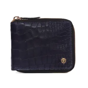 Bi-Fold Zipper Wallet in Navy Blue Croco Textured Leather