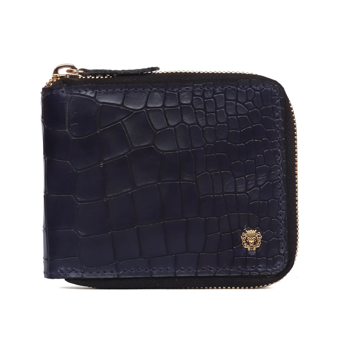 Bi-Fold Zipper Wallet in Navy Blue Croco Textured Leather