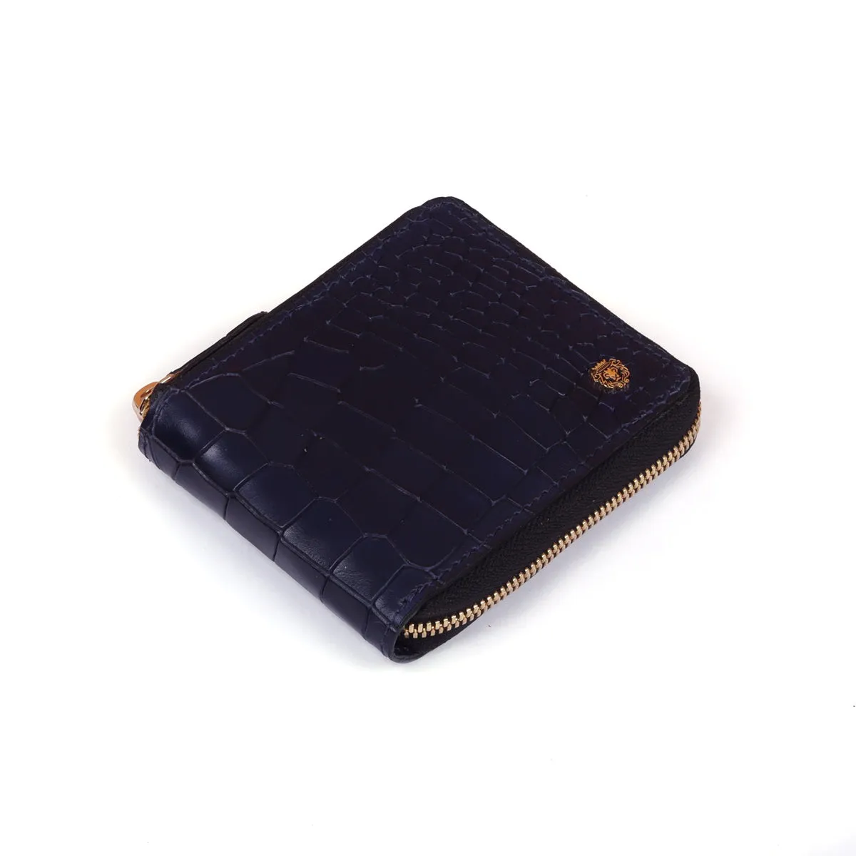 Bi-Fold Zipper Wallet in Navy Blue Croco Textured Leather