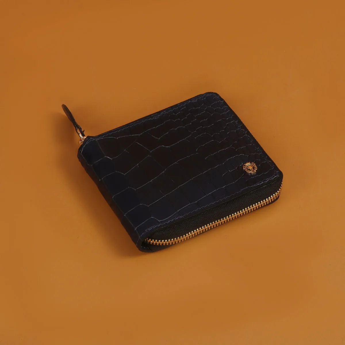 Bi-Fold Zipper Wallet in Navy Blue Croco Textured Leather