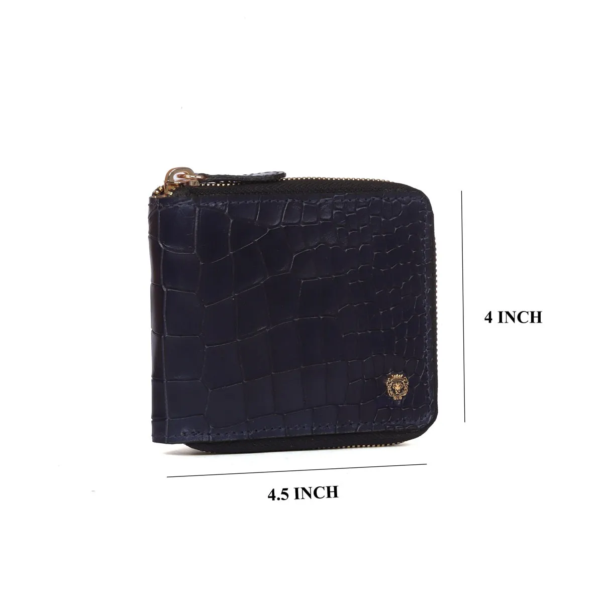 Bi-Fold Zipper Wallet in Navy Blue Croco Textured Leather