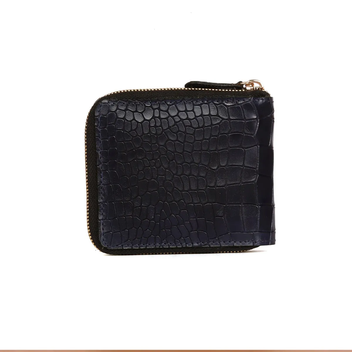 Bi-Fold Zipper Wallet in Navy Blue Croco Textured Leather