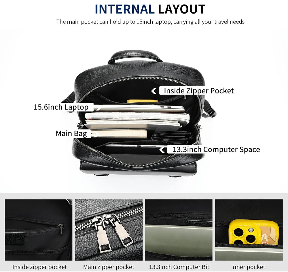 Black Men's Leather 15.6 inch Laptop Backpack Travel Bag for Men's Business & School