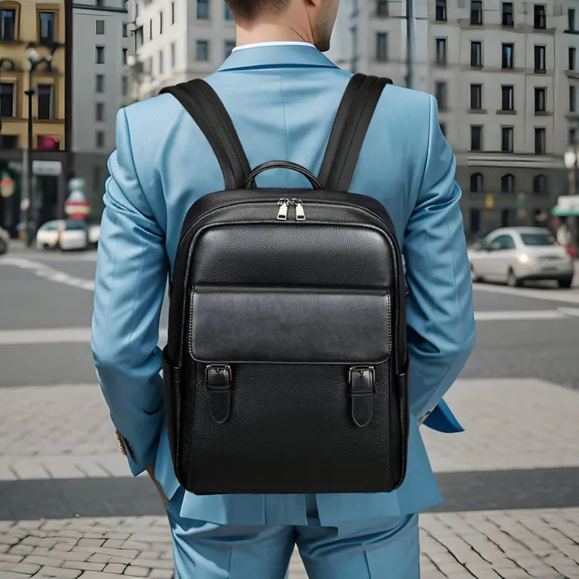 Black Men's Leather 15.6 inch Laptop Backpack Travel Bag for Men's Business & School