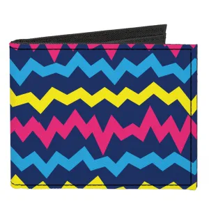Canvas Bi-Fold Wallet - Scribble Zig Zag Stripe Navy/Multi Color
