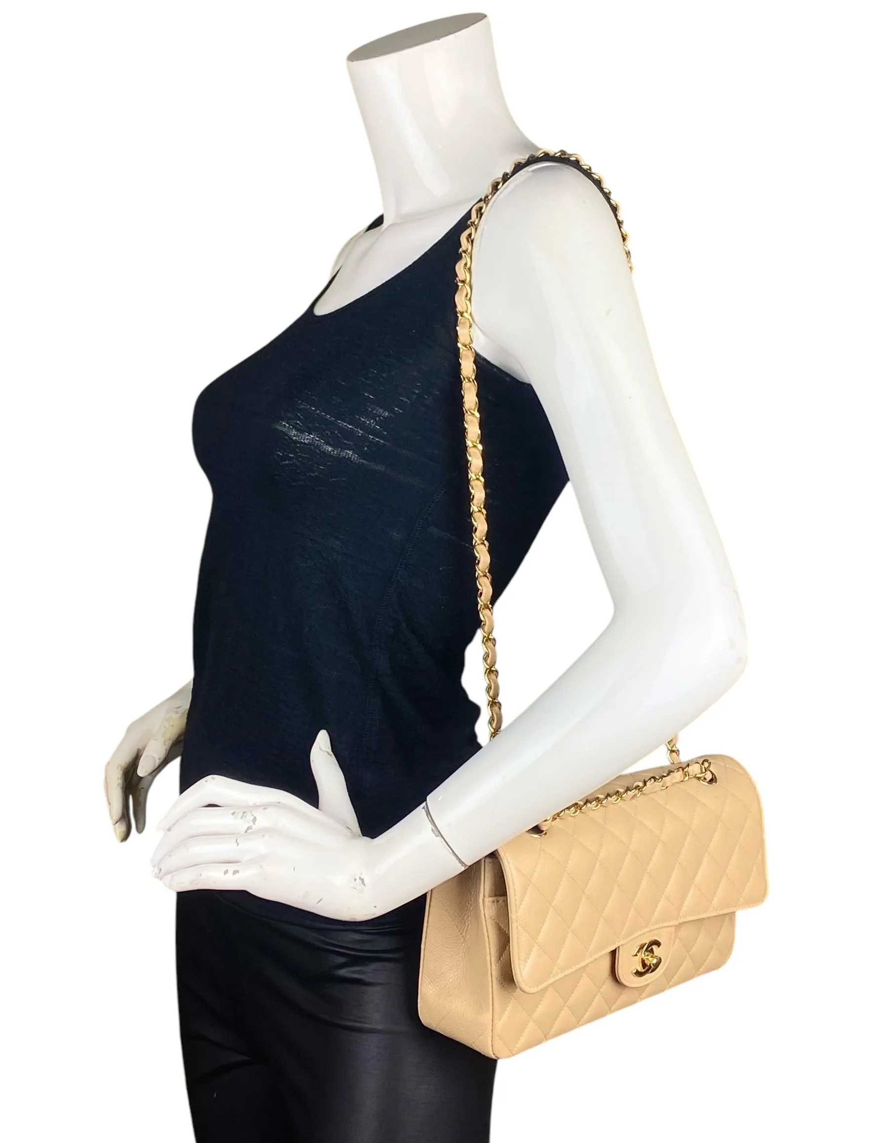 Chanel Beige Caviar Medium Double Flap GHW