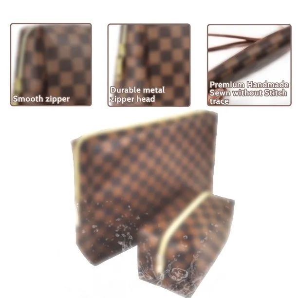 Checkered Makeup Bag;  2Pcs Travel Cosmetic Bags;  Portable Toiletry Organizer for Women;  Lightweight and Waterproof Leather Toiletries Bag for Girl Friend Wife Christmas Gifts;  Brown