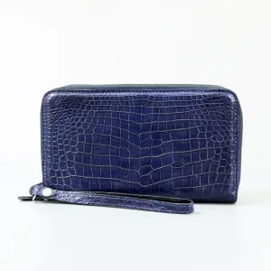 Genuine Leather Crocodile Skin Long Wallet 2 Zip-Around Clutch Handbag, Navy Blue