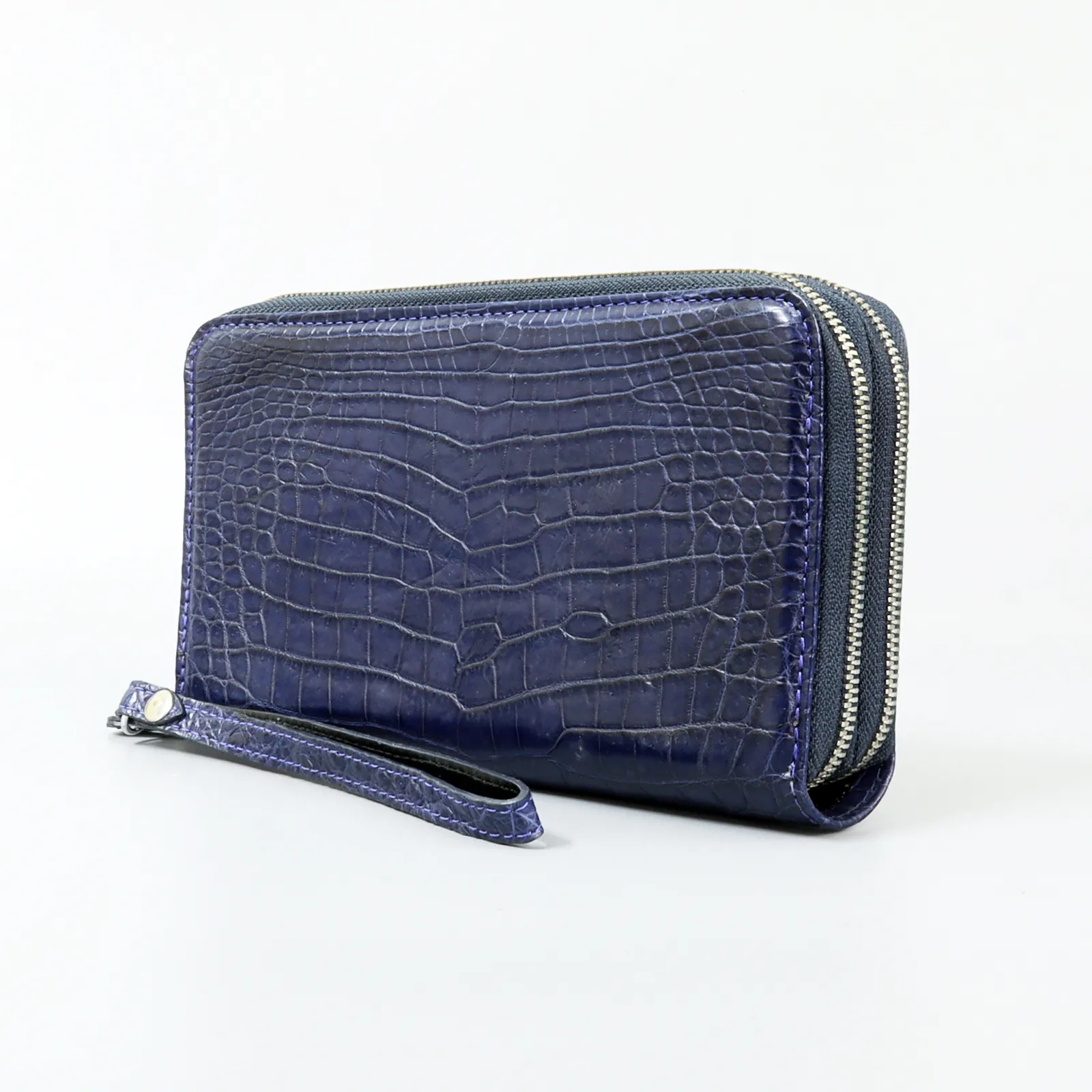 Genuine Leather Crocodile Skin Long Wallet 2 Zip-Around Clutch Handbag, Navy Blue