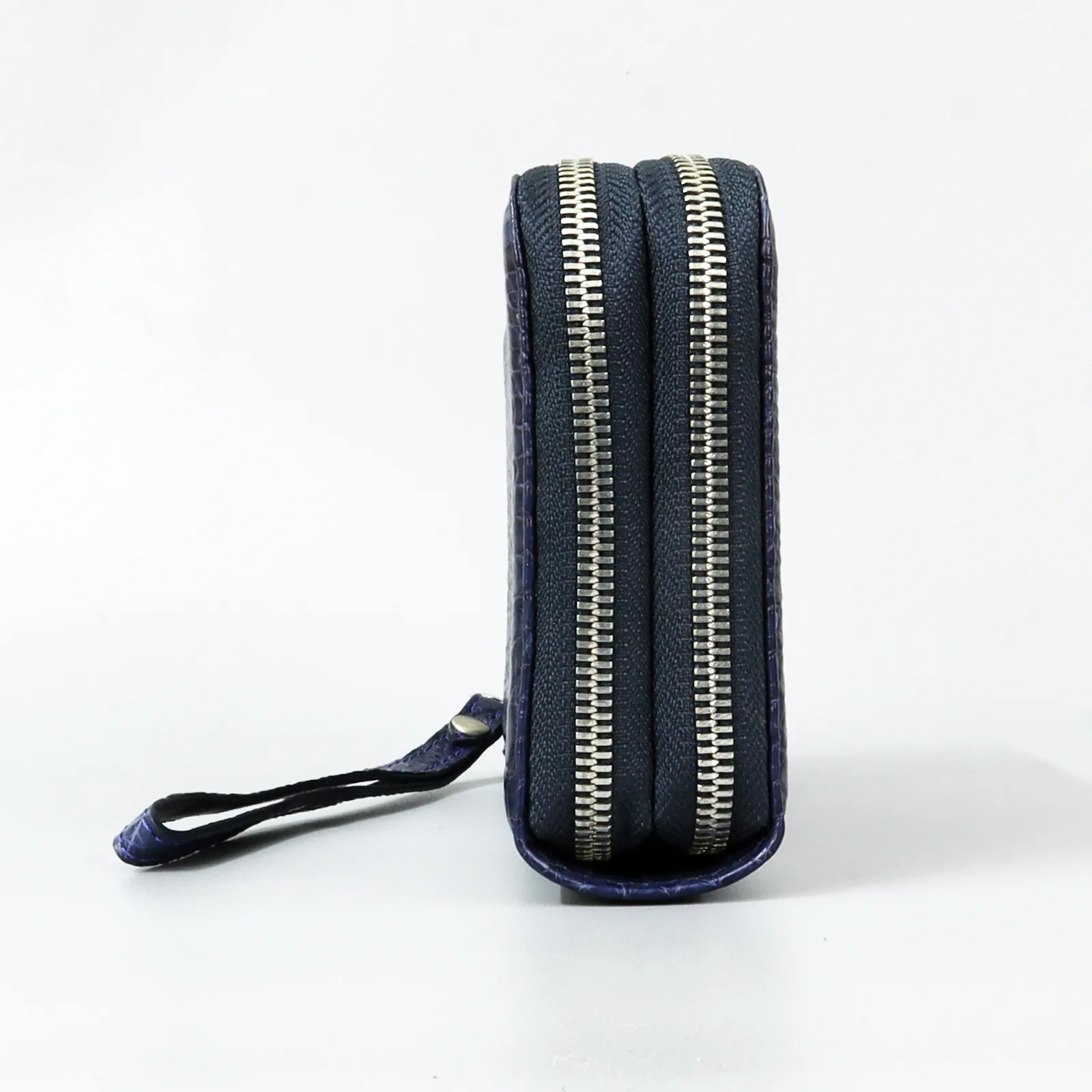 Genuine Leather Crocodile Skin Long Wallet 2 Zip-Around Clutch Handbag, Navy Blue