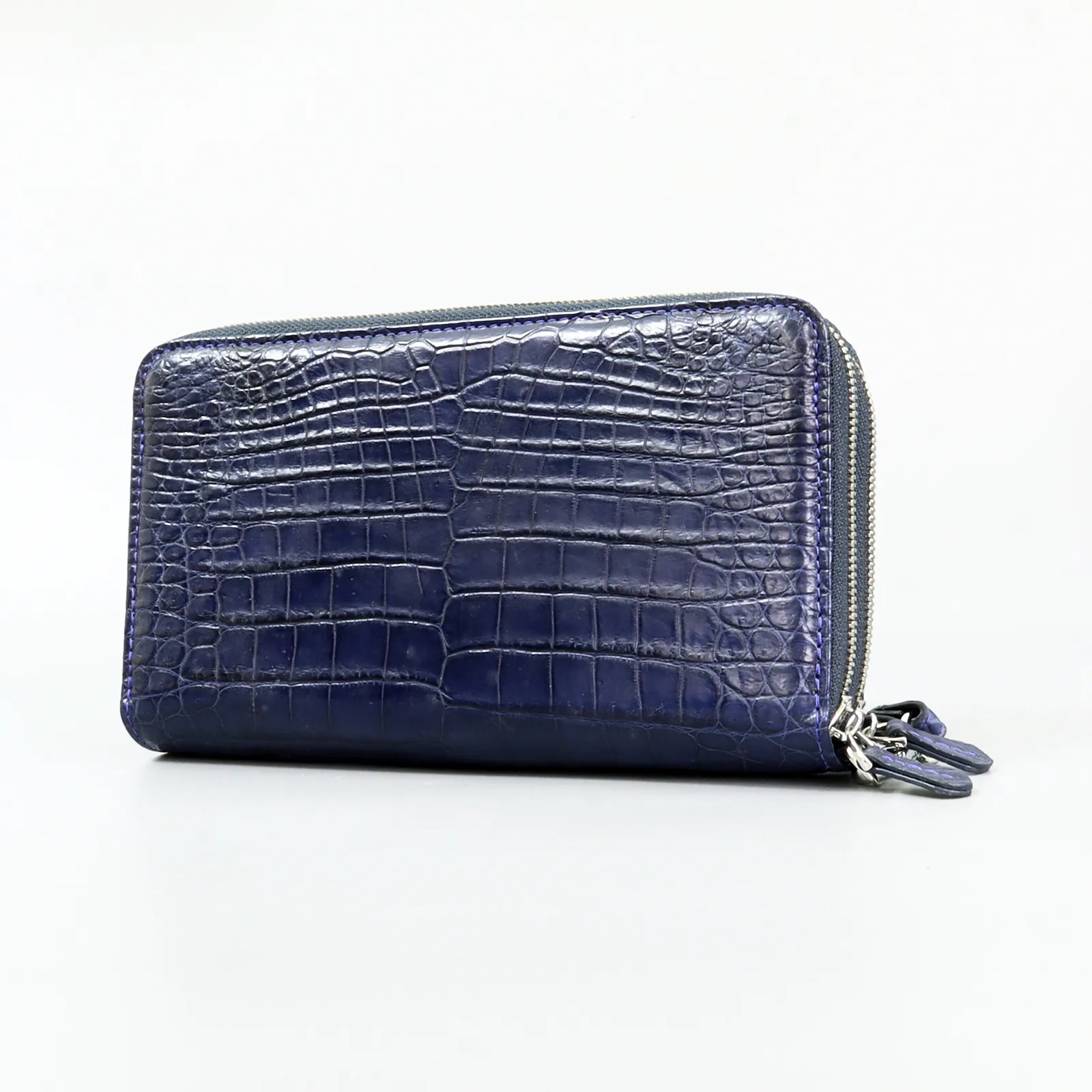 Genuine Leather Crocodile Skin Long Wallet 2 Zip-Around Clutch Handbag, Navy Blue