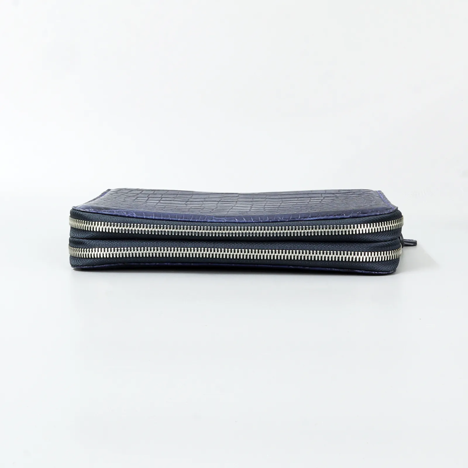 Genuine Leather Crocodile Skin Long Wallet 2 Zip-Around Clutch Handbag, Navy Blue