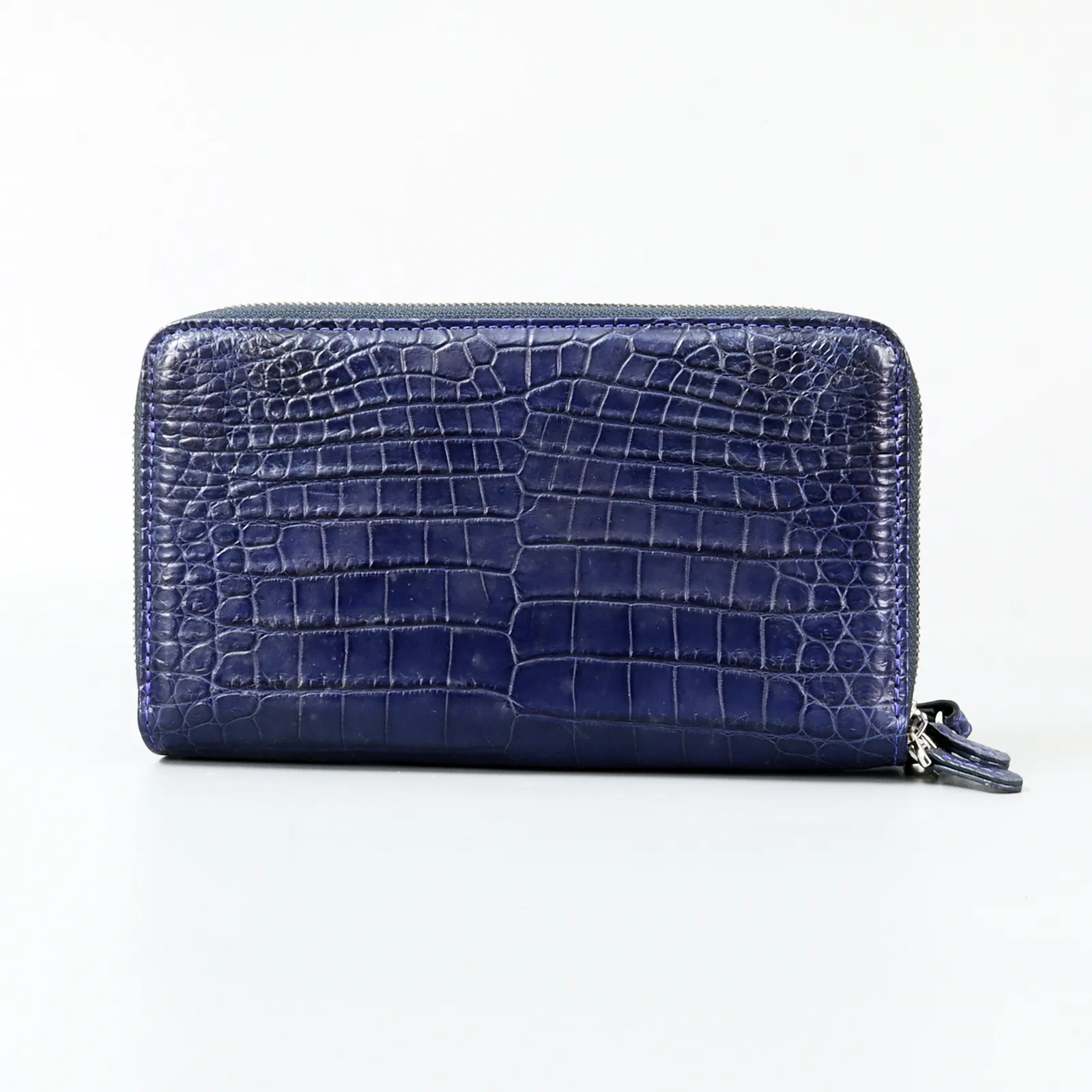 Genuine Leather Crocodile Skin Long Wallet 2 Zip-Around Clutch Handbag, Navy Blue