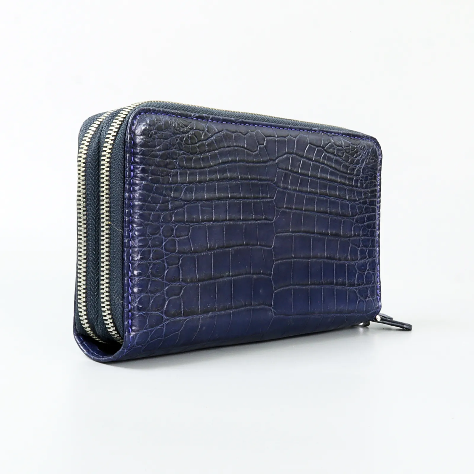 Genuine Leather Crocodile Skin Long Wallet 2 Zip-Around Clutch Handbag, Navy Blue