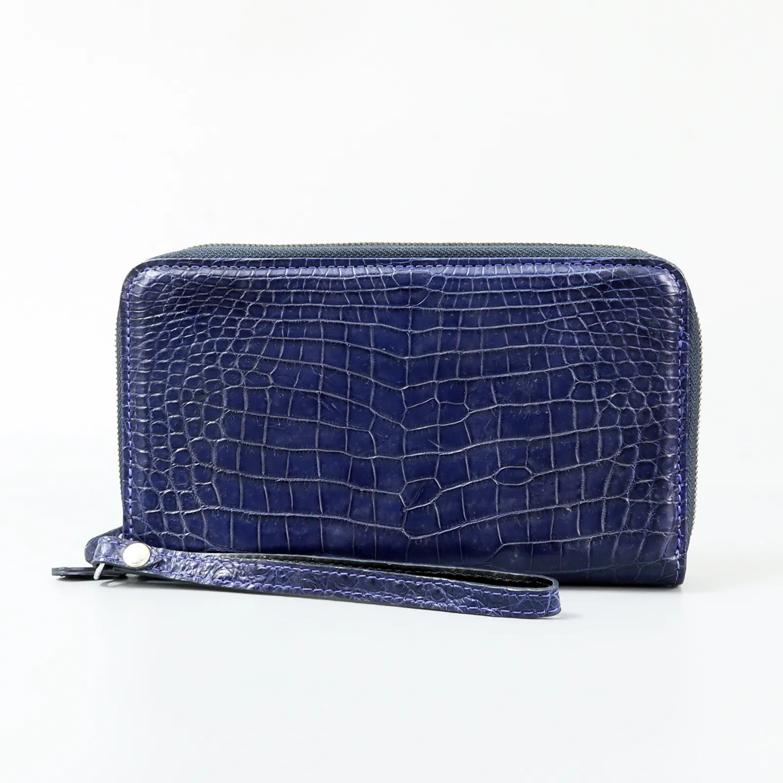 Genuine Leather Crocodile Skin Long Wallet 2 Zip-Around Clutch Handbag, Navy Blue