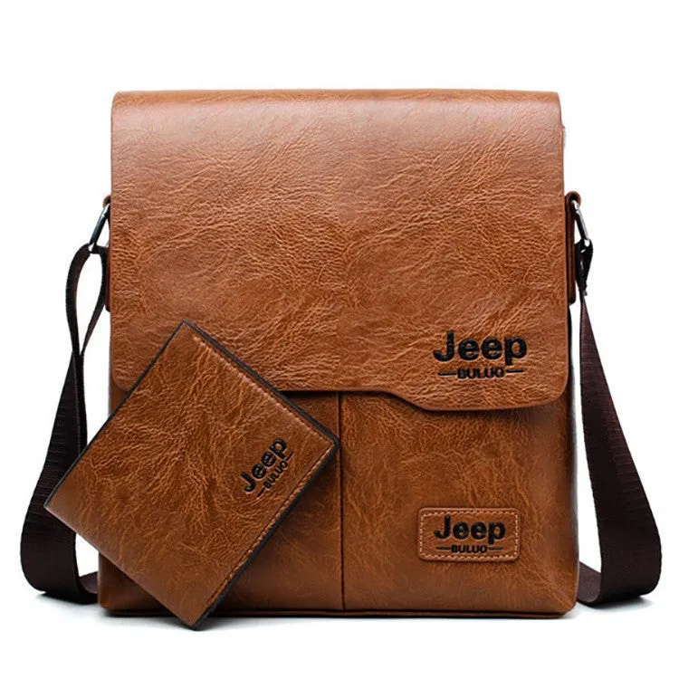 JEEP Vintage Men's Leather Crossbody Bag and Long Wallet Business Crossbody Casual Bags Famous Brand