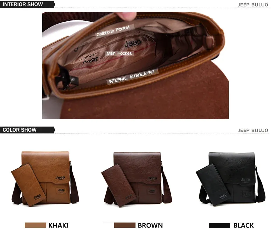 JEEP Vintage Men's Leather Crossbody Bag and Long Wallet Business Crossbody Casual Bags Famous Brand