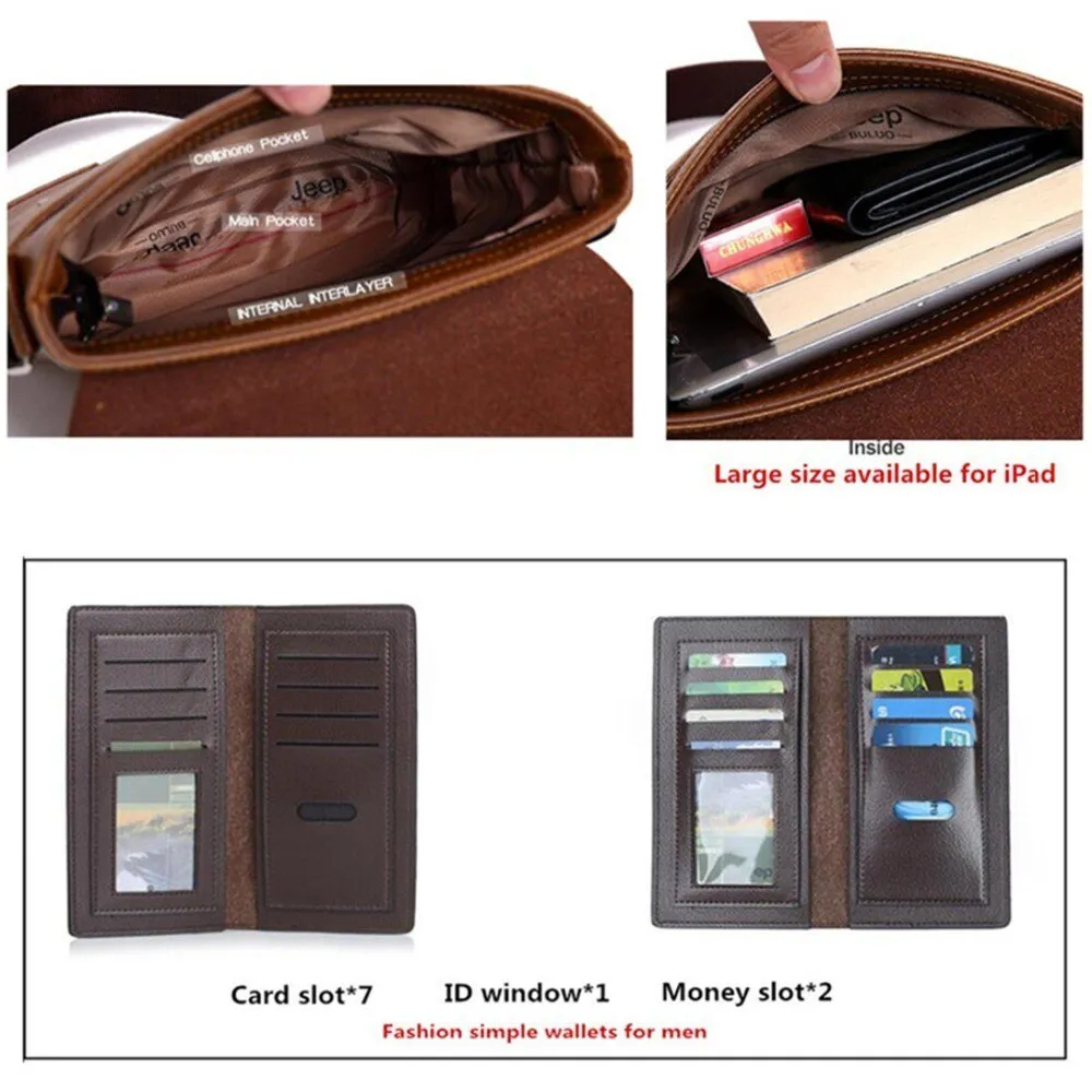 JEEP Vintage Men's Leather Crossbody Bag and Long Wallet Business Crossbody Casual Bags Famous Brand