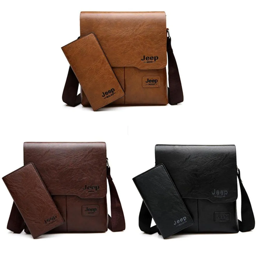 JEEP Vintage Men's Leather Crossbody Bag and Long Wallet Business Crossbody Casual Bags Famous Brand