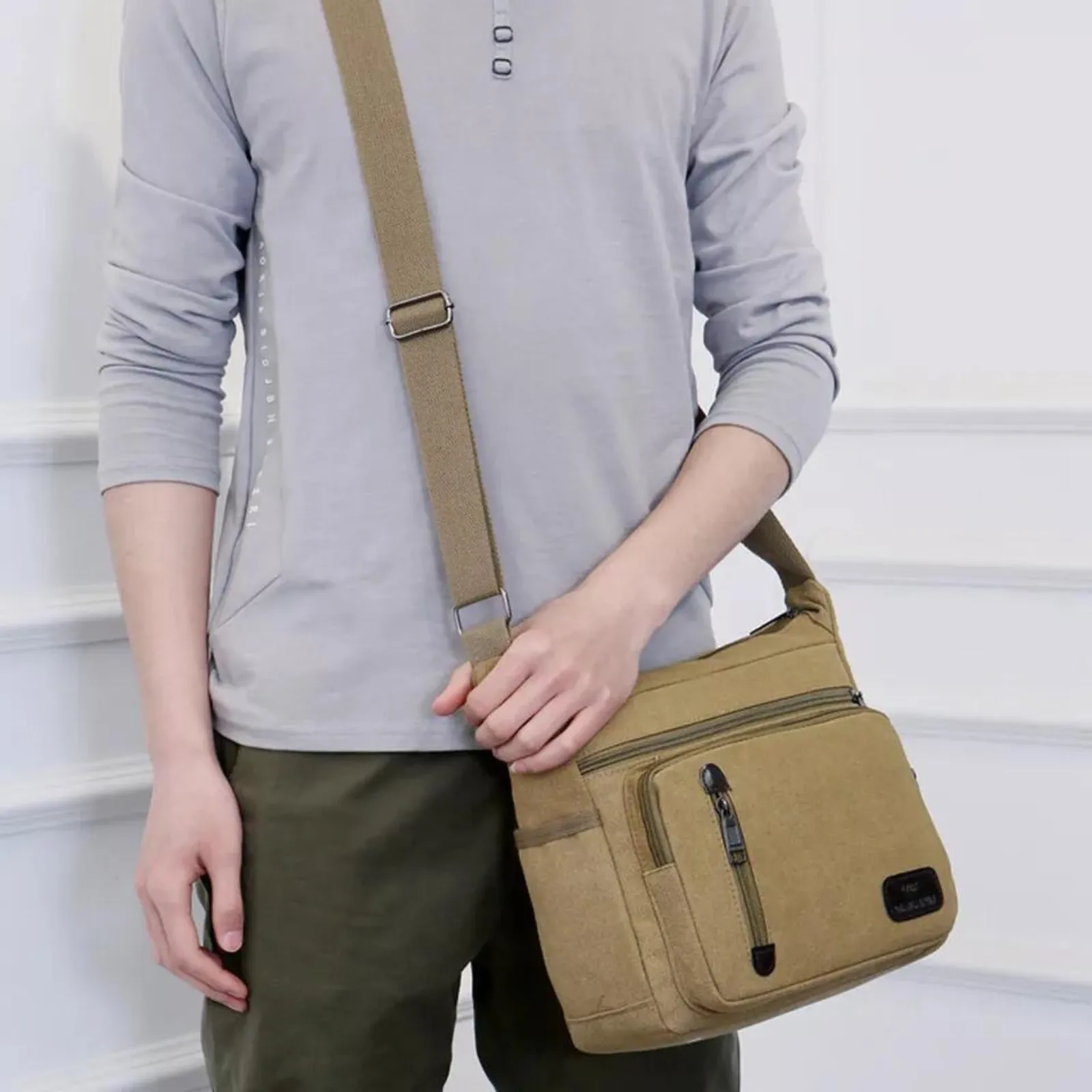 Khaki Travel Man's Bags Crossbody Satchel Retro Men's Canvas Shoulder Bag