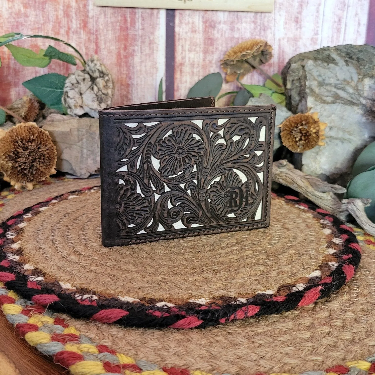 Men's Leather Trifold Wallet with Leather Floral Tooling by Red Dirt Hat Co 23111881W1