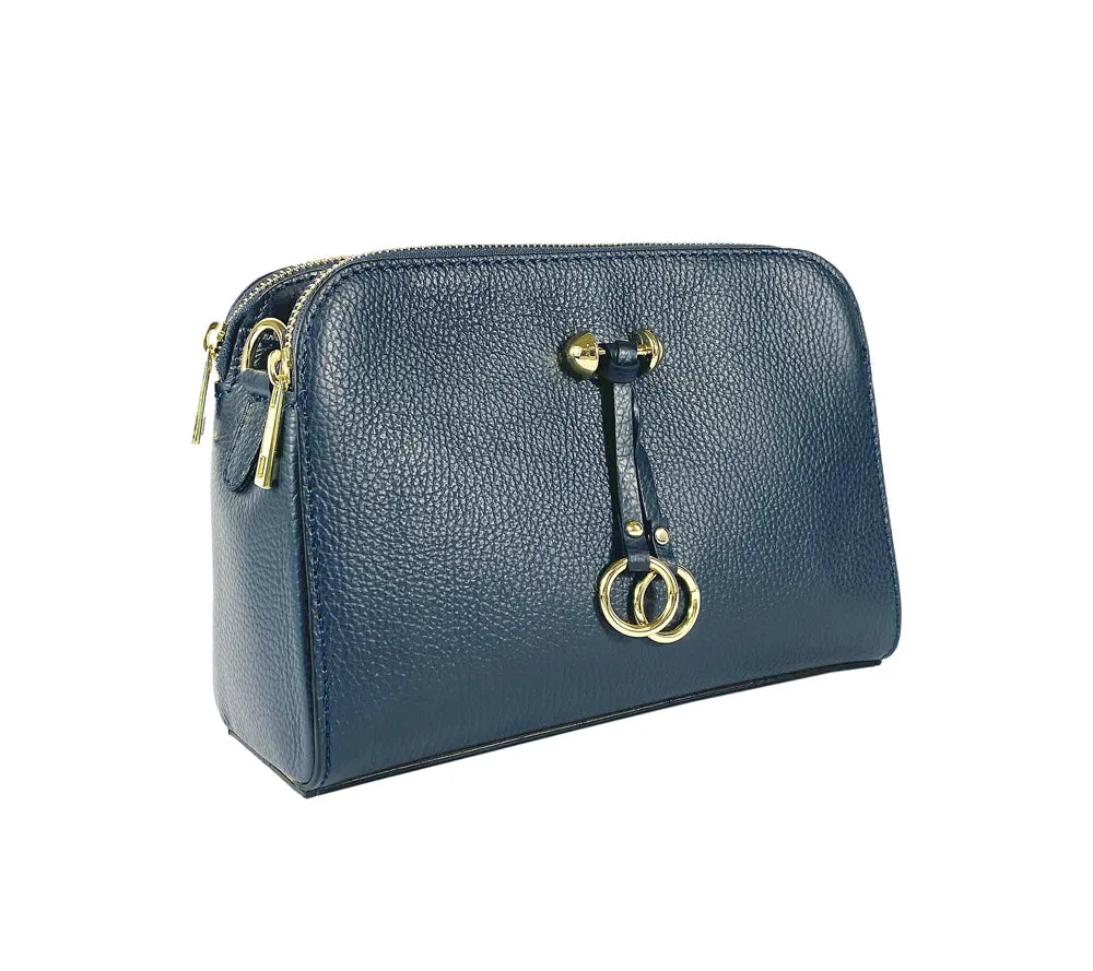 RB1011D | Women's Shoulder Bag in Genuine Leather Made in Italy. Removable shoulder strap. Attachments with shiny gold metal snap hooks - Color Blue - Dimensions: cm 25 x 17 x 10