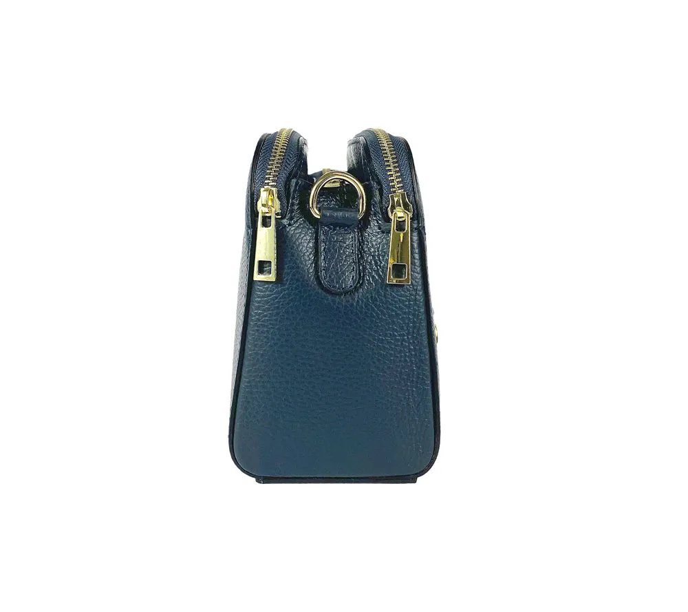 RB1011D | Women's Shoulder Bag in Genuine Leather Made in Italy. Removable shoulder strap. Attachments with shiny gold metal snap hooks - Color Blue - Dimensions: cm 25 x 17 x 10