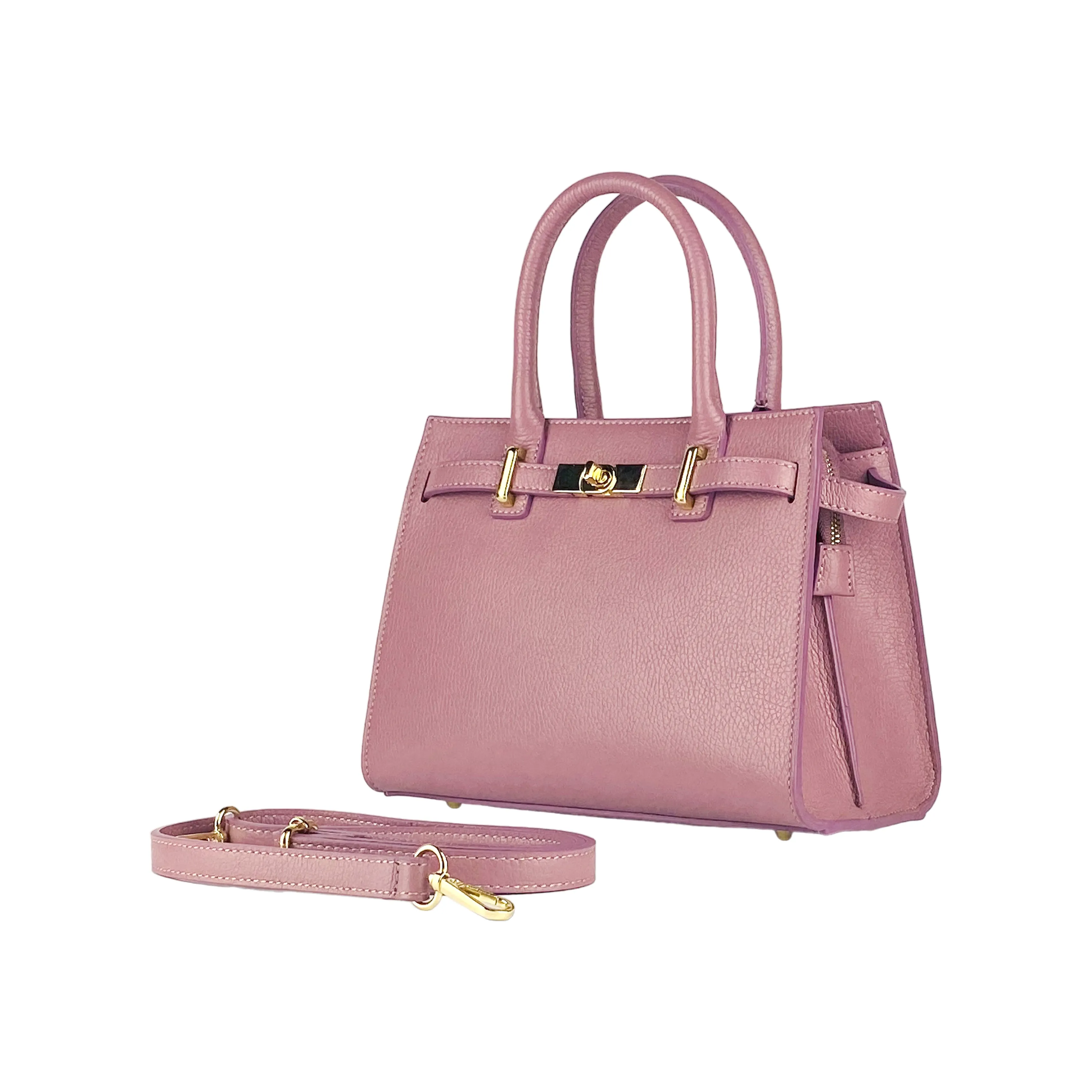 RB1016AZ | Women's handbag in genuine leather Made in Italy with removable shoulder strap. Shiny Gold metal snap hooks - Antique Pink color - Dimensions: 28 x 20 x 14   12.5 cm