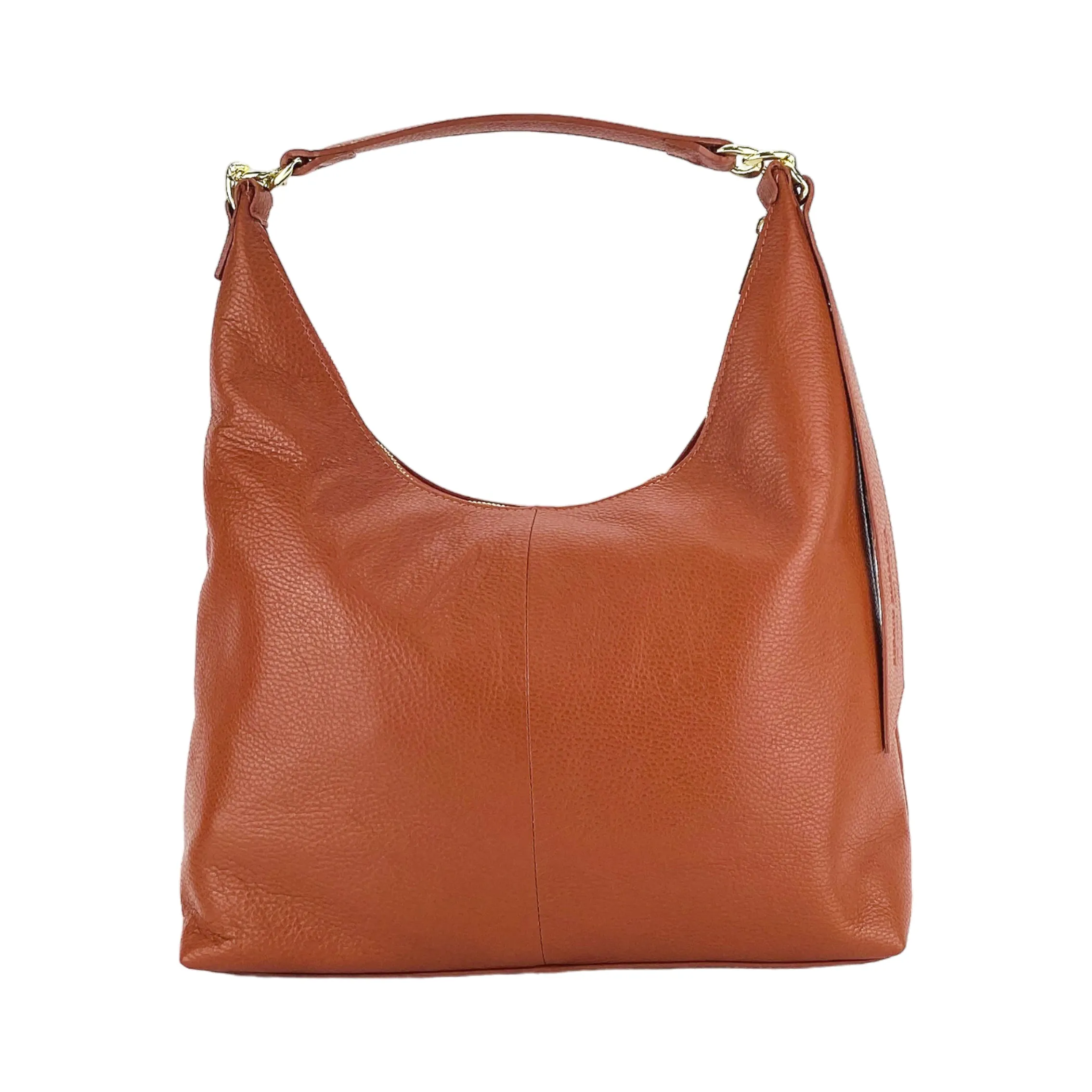 RB1017AM | Women's Soft Shoulder Bag in Genuine Leather Made in Italy with single handle and removable shoulder strap. Attachments with shiny gold metal snap hooks - Paprika color - Dimensions: cm 36 x 40 x 13