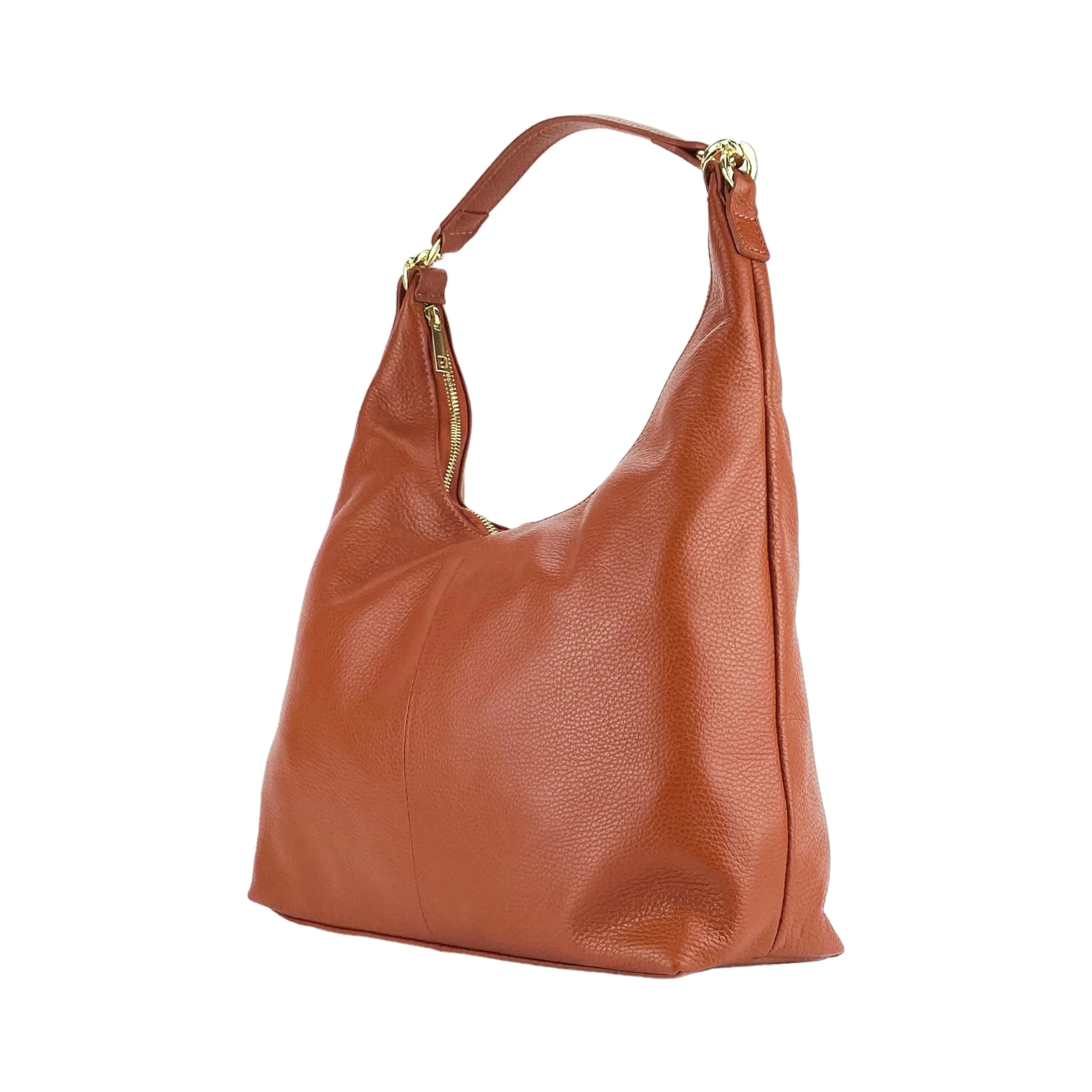RB1017AM | Women's Soft Shoulder Bag in Genuine Leather Made in Italy with single handle and removable shoulder strap. Attachments with shiny gold metal snap hooks - Paprika color - Dimensions: cm 36 x 40 x 13