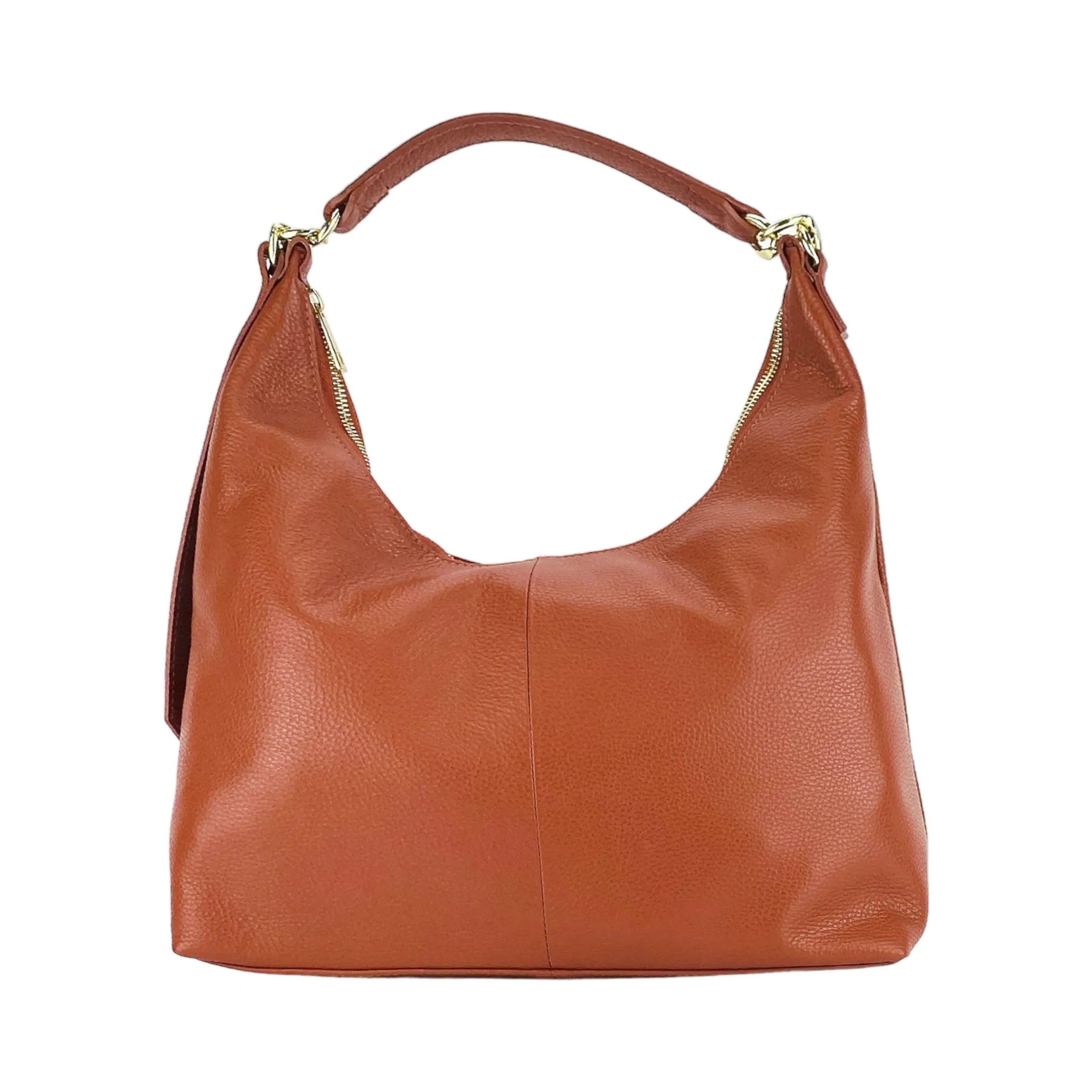 RB1017AM | Women's Soft Shoulder Bag in Genuine Leather Made in Italy with single handle and removable shoulder strap. Attachments with shiny gold metal snap hooks - Paprika color - Dimensions: cm 36 x 40 x 13