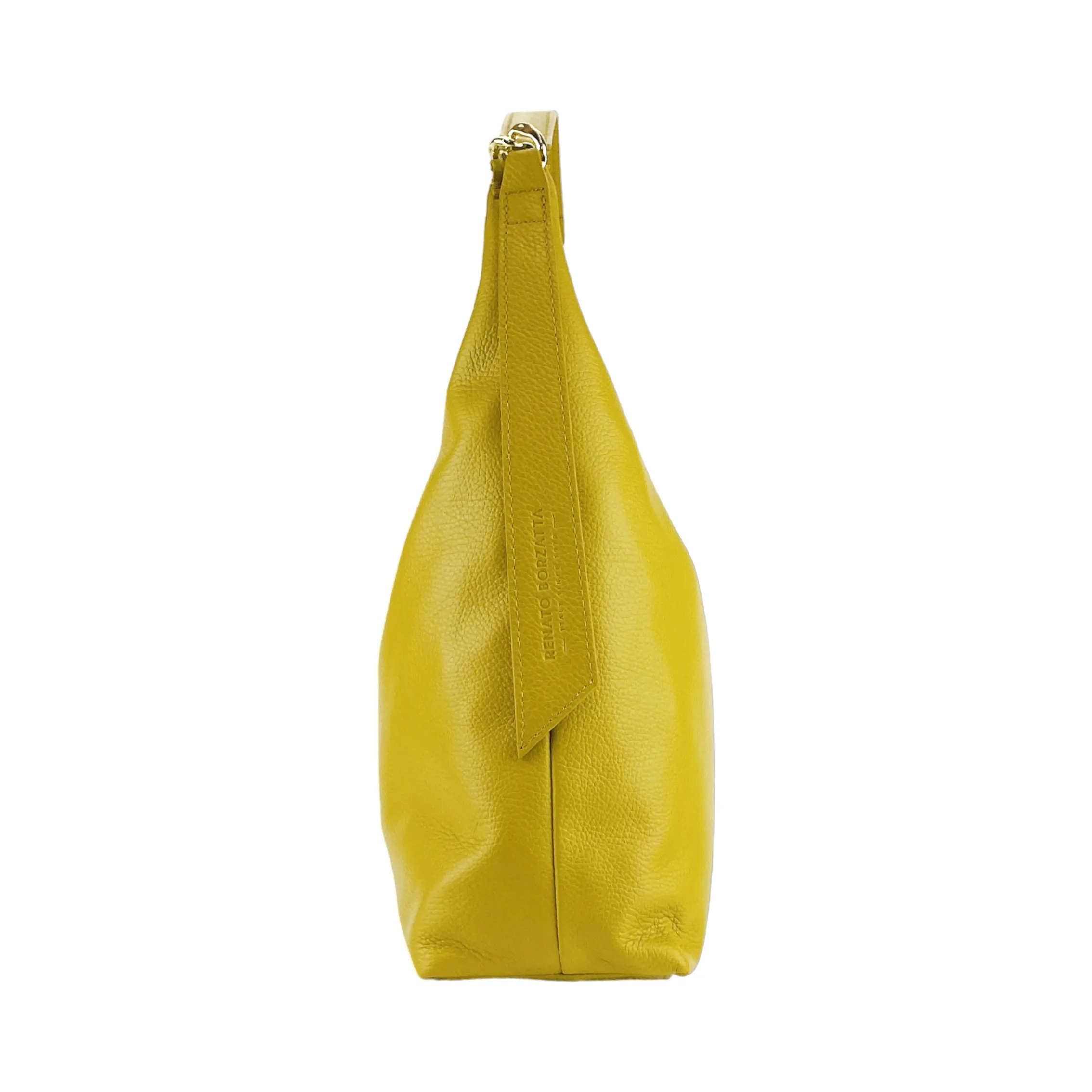 RB1017AR | Women's Soft Shoulder Bag in Genuine Leather Made in Italy with single handle and removable shoulder strap. Attachments with shiny gold metal snap hooks - Mustard colour - Dimensions: cm 36 x 40 x 13