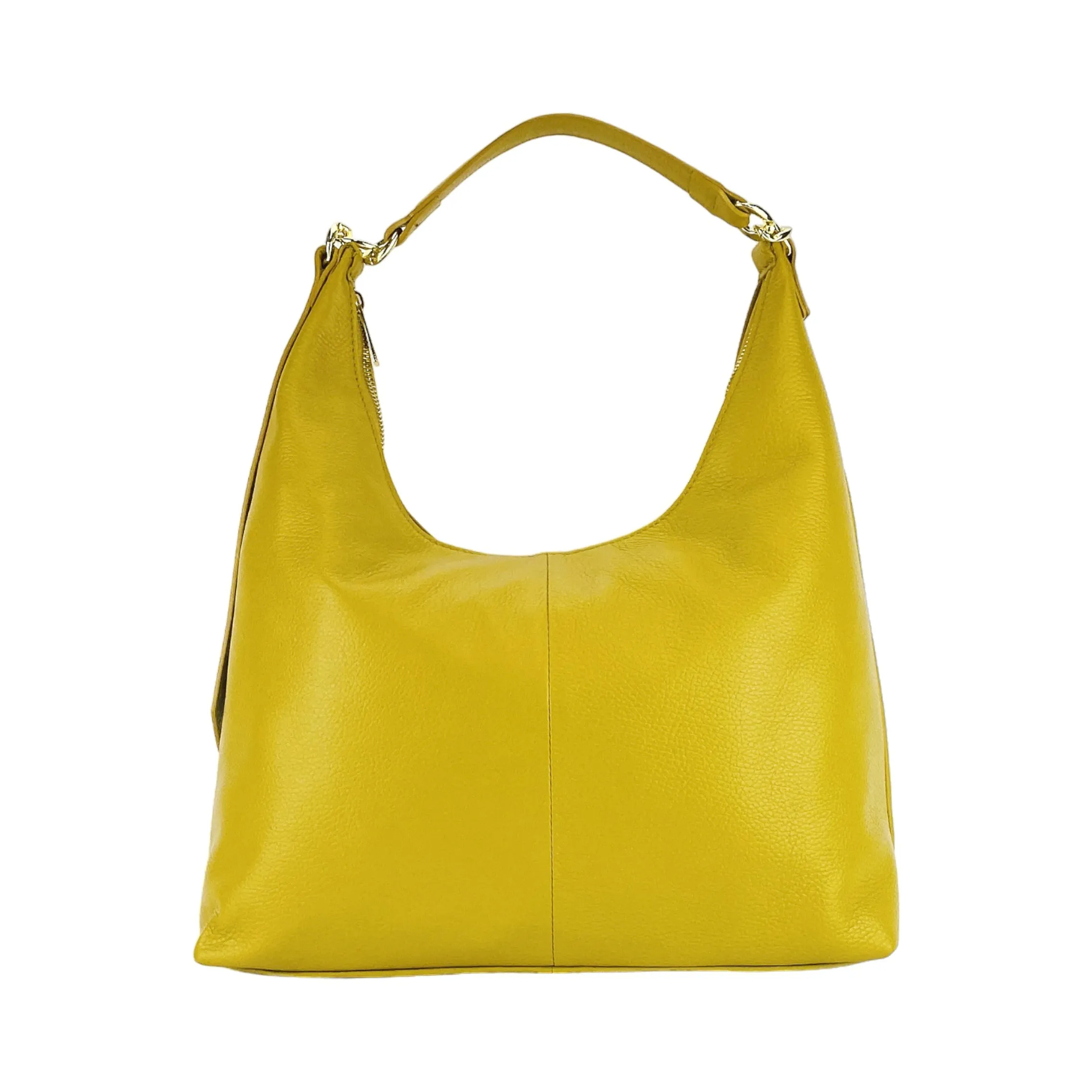 RB1017AR | Women's Soft Shoulder Bag in Genuine Leather Made in Italy with single handle and removable shoulder strap. Attachments with shiny gold metal snap hooks - Mustard colour - Dimensions: cm 36 x 40 x 13