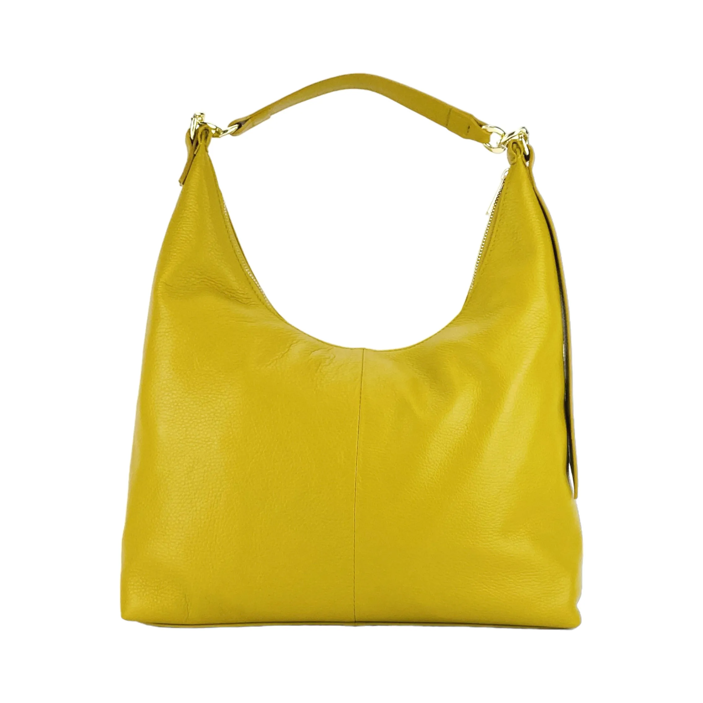 RB1017AR | Women's Soft Shoulder Bag in Genuine Leather Made in Italy with single handle and removable shoulder strap. Attachments with shiny gold metal snap hooks - Mustard colour - Dimensions: cm 36 x 40 x 13