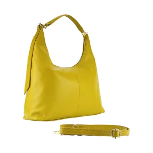 RB1017AR | Women's Soft Shoulder Bag in Genuine Leather Made in Italy with single handle and removable shoulder strap. Attachments with shiny gold metal snap hooks - Mustard colour - Dimensions: cm 36 x 40 x 13
