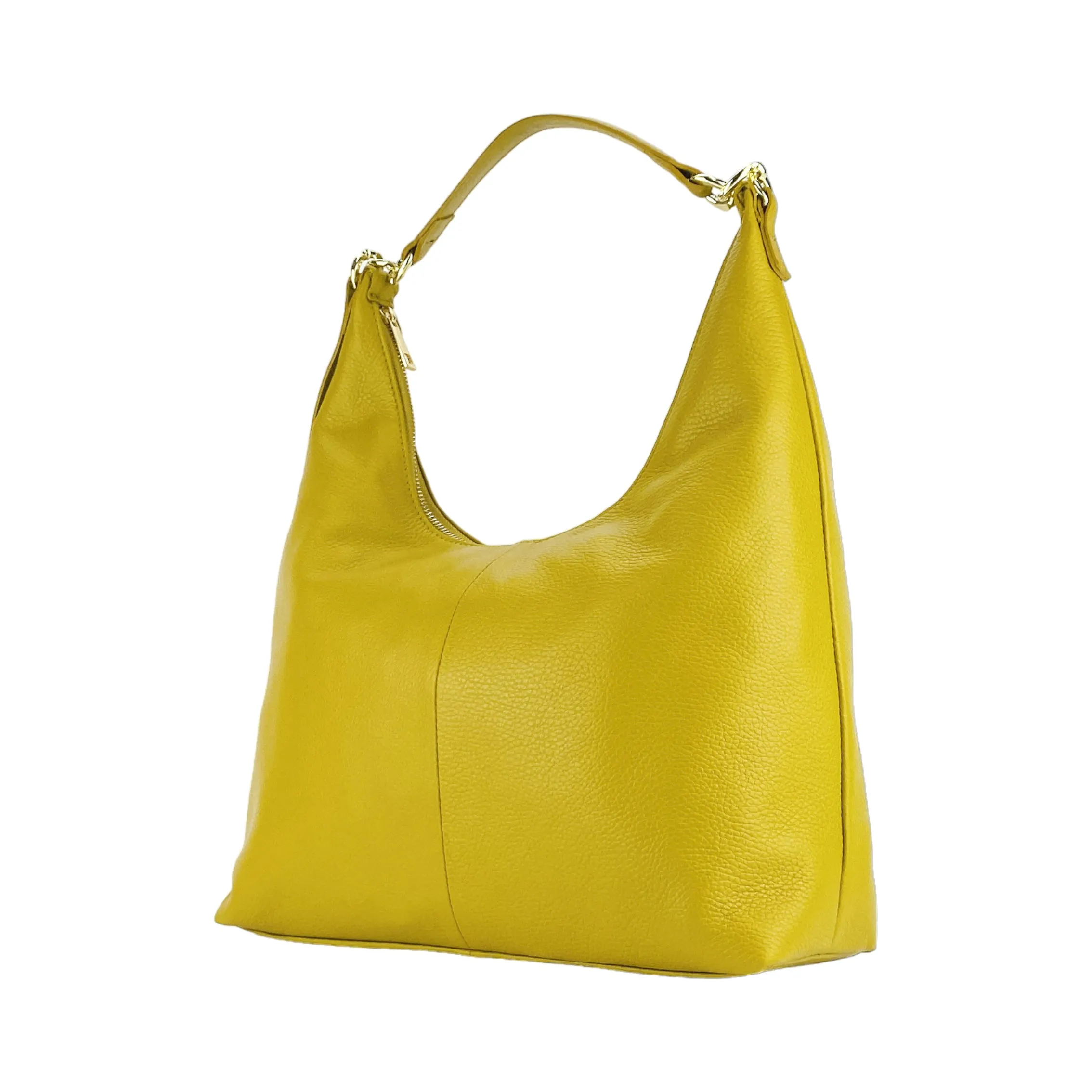 RB1017AR | Women's Soft Shoulder Bag in Genuine Leather Made in Italy with single handle and removable shoulder strap. Attachments with shiny gold metal snap hooks - Mustard colour - Dimensions: cm 36 x 40 x 13