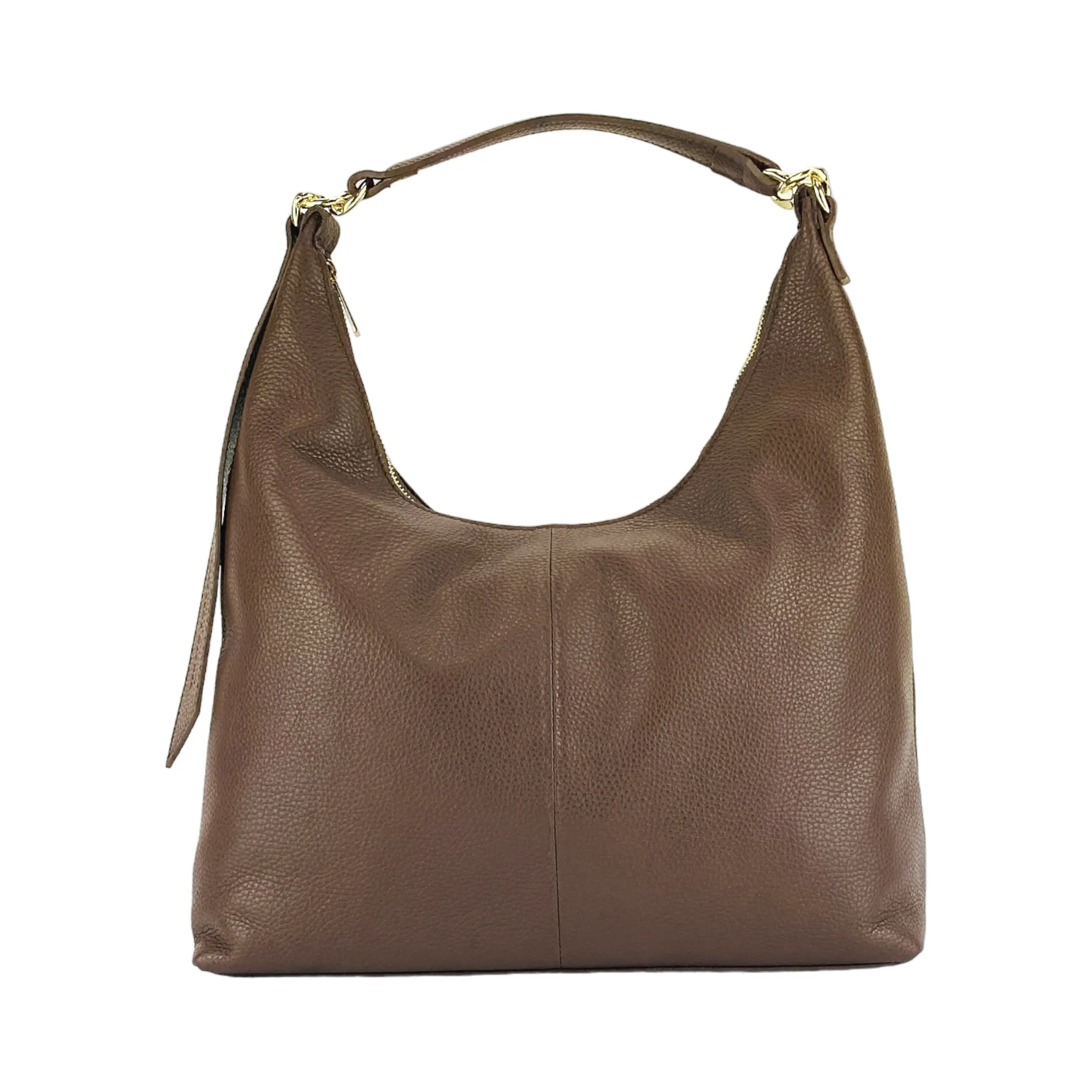 RB1017BV | Soft women's shoulder bag in genuine leather Made in Italy with single handle and removable shoulder strap. Attachments with shiny gold metal snap hooks - Chocolate color - Dimensions: 36 x 40 x 13 cm