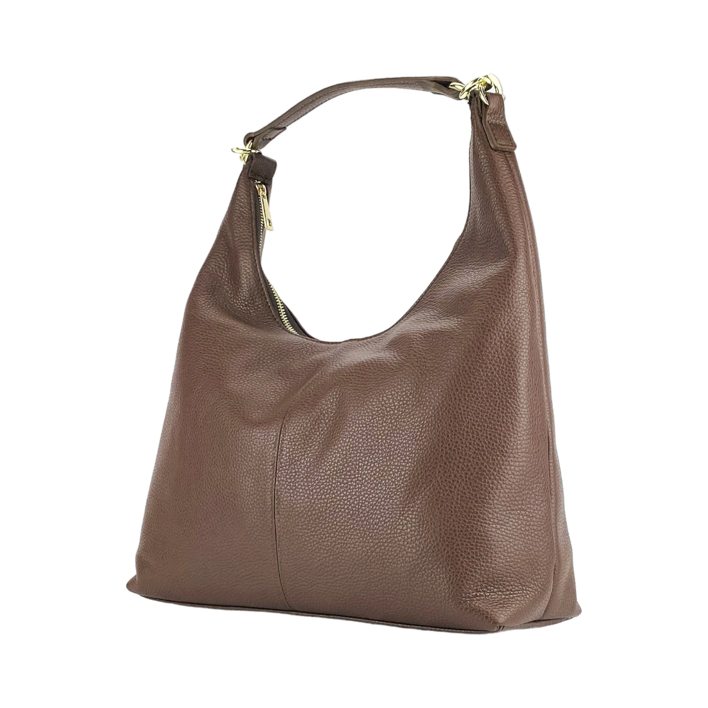 RB1017BV | Soft women's shoulder bag in genuine leather Made in Italy with single handle and removable shoulder strap. Attachments with shiny gold metal snap hooks - Chocolate color - Dimensions: 36 x 40 x 13 cm